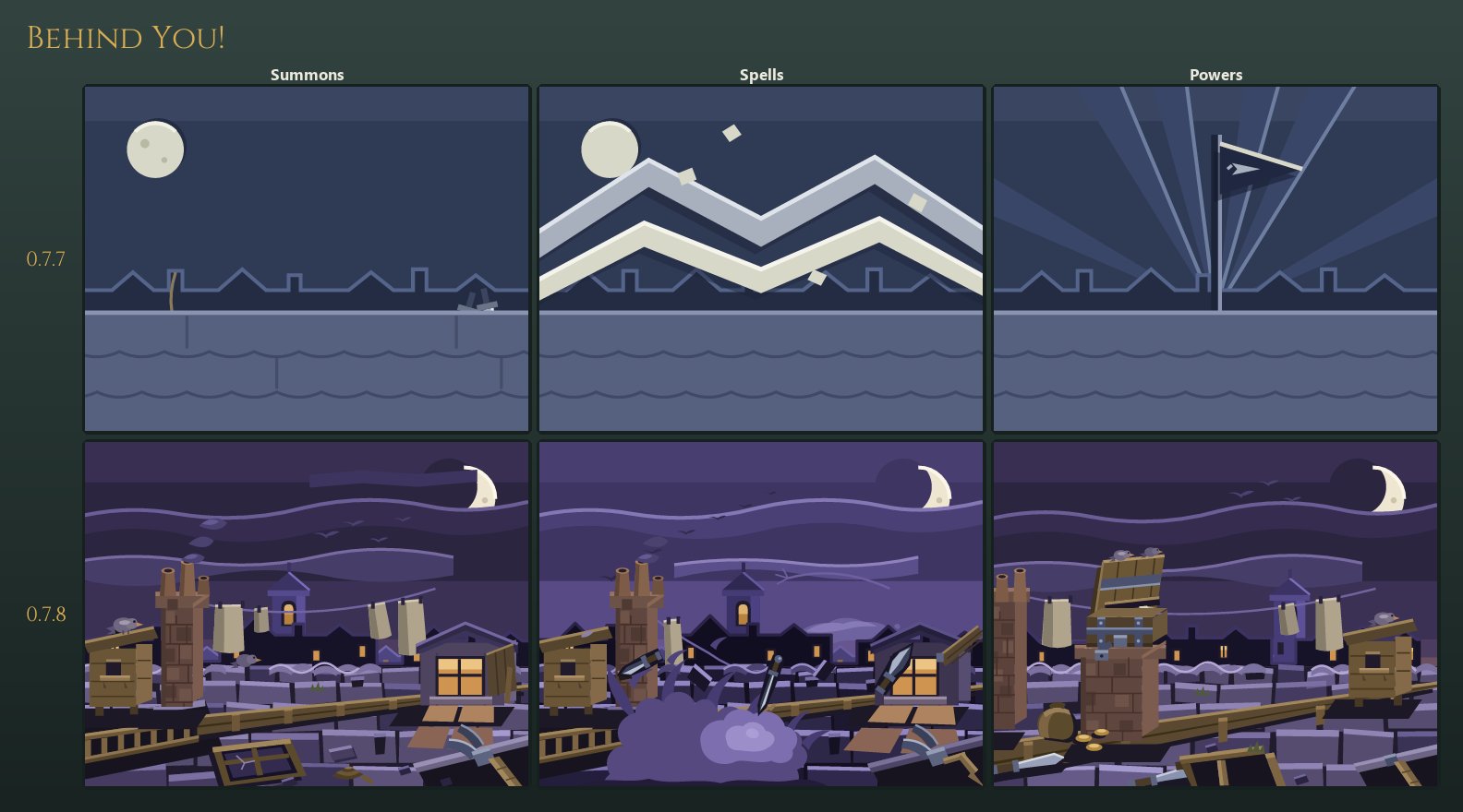 Behind You!'s three card backdrops, old and new: the new row is a rooftop road of chimneys and washing lines under a crescent moon, the same roofs with a strongbox stacked on the leads, and the roofs with knives out and a smoke bomb going off