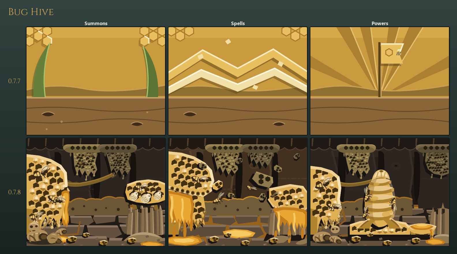 Bug Hive's three card backdrops, old and new: the new row is a chamber of wax comb inside a hollow trunk, the same chamber at the royal cell, and the chamber with the comb wall sheared and the hive answering