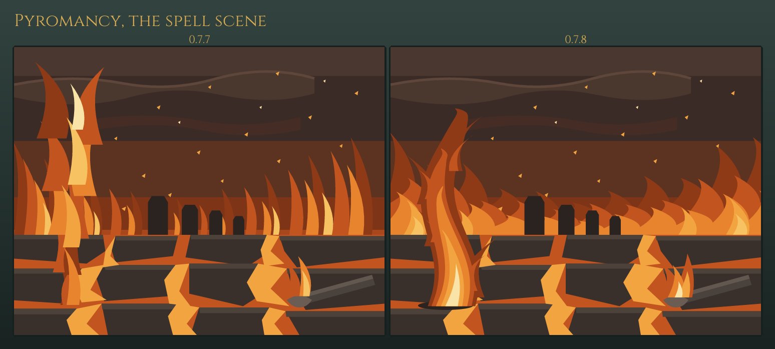 Pyromancy's spell scene, 0.7.7 beside 0.7.8: the same burning yard with its cauldron and hooded figures, the old one with the fire drawn as stacked separate tongues, the new one with a single firewhirl rising out of the ground on the left and a wall of flame in three ranks behind