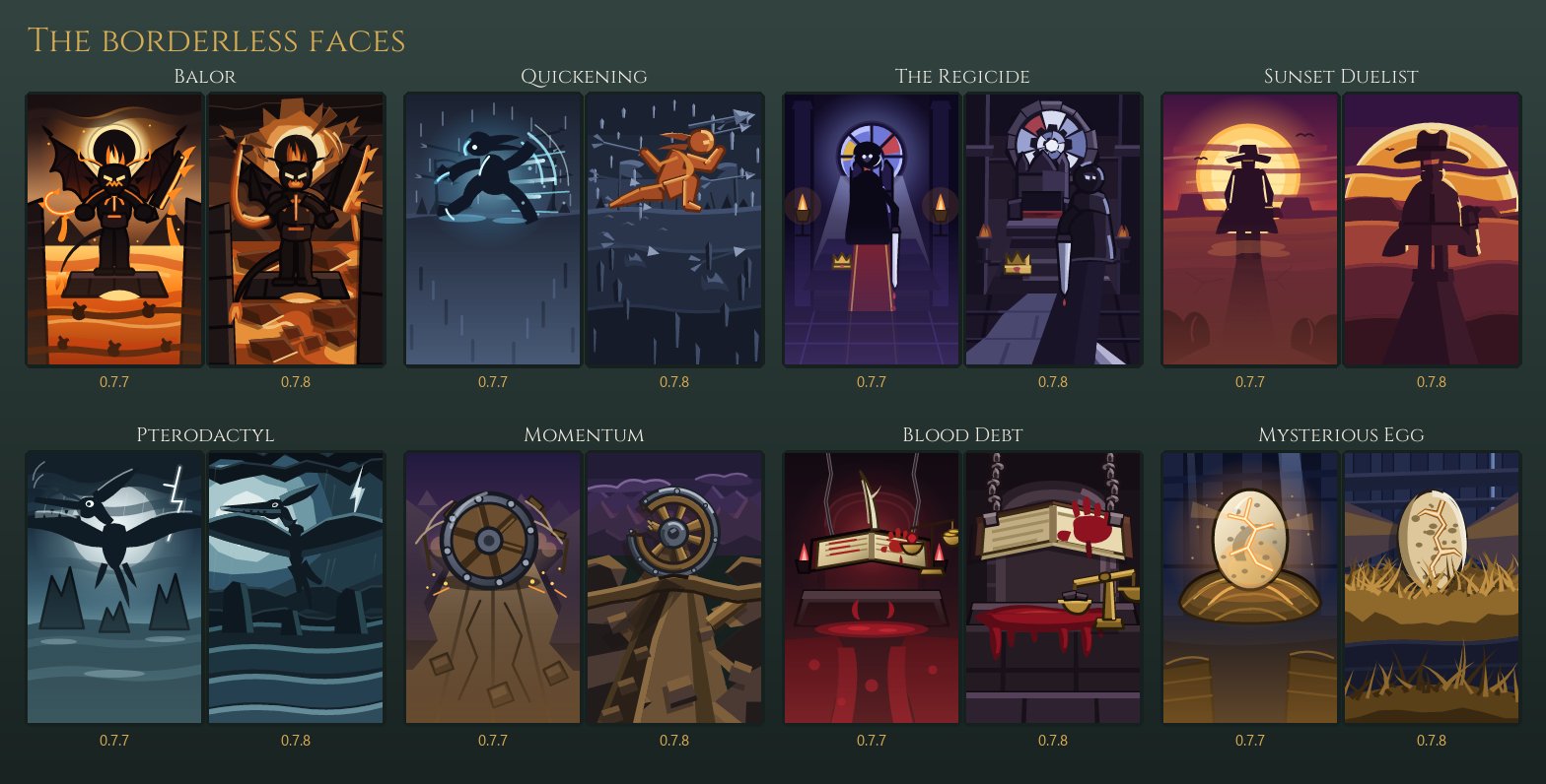 Eight borderless card faces, each shown twice, 0.7.7 beside 0.7.8: Balor, Quickening, The Regicide, Sunset Duelist, Pterodactyl, Momentum, Blood Debt and Mysterious Egg, the old ones drawn flat with soft glows and the new ones cut from layered paper