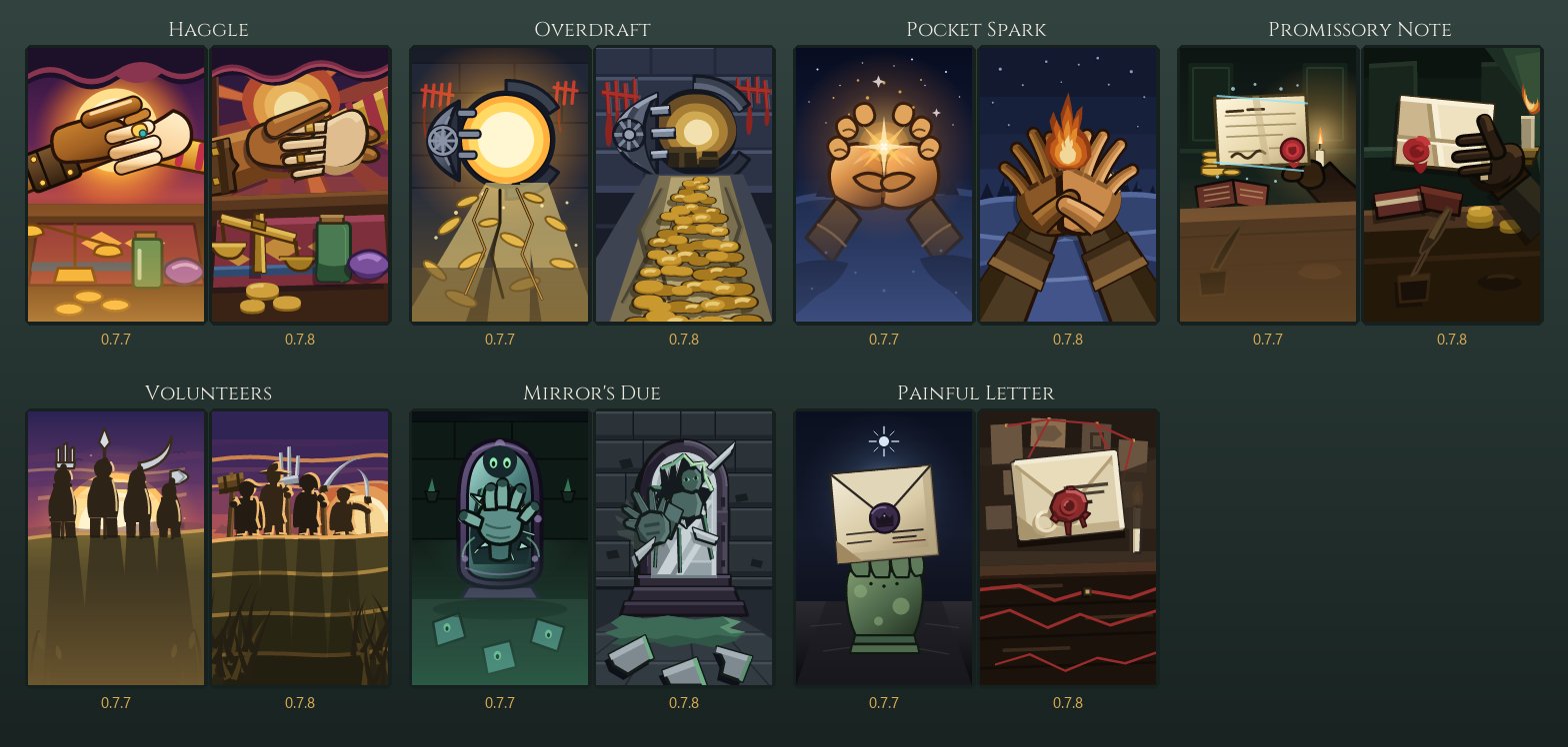Seven borderless card faces, each shown twice, 0.7.7 beside 0.7.8: Haggle, Overdraft, Pocket Spark, Promissory Note, Volunteers, Mirror's Due and Painful Letter, the new ones cut from layered paper