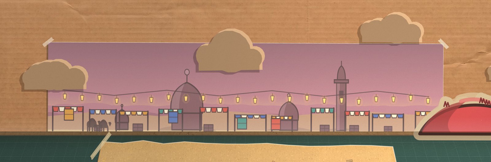 The arena box with the Bazaar card on the back wall: a pink evening sky over domes and a minaret, strings of lit lanterns across the whole card, striped awnings over stalls, two camels at the left edge