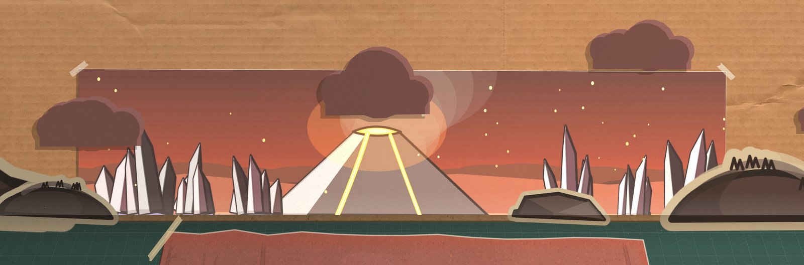 The arena box with the Volcano card on the back wall: a cone with two lava channels running down it under a smoke plume, black crystal spires either side, a red sky full of embers