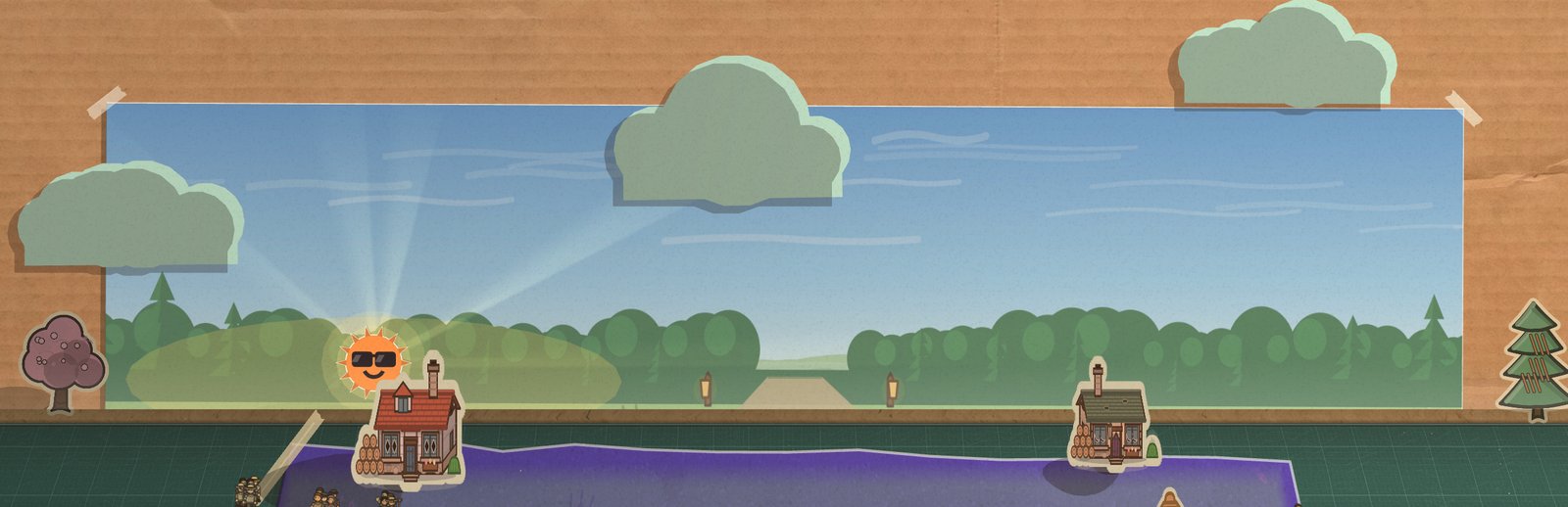 Wally's arena box from the front: the village green mat with its cottages, well and scarecrow standing in front of the card, the smiling sun low on the card's left, and along the card's horizon a dark unbroken treeline with one gap where the lane leaves the village