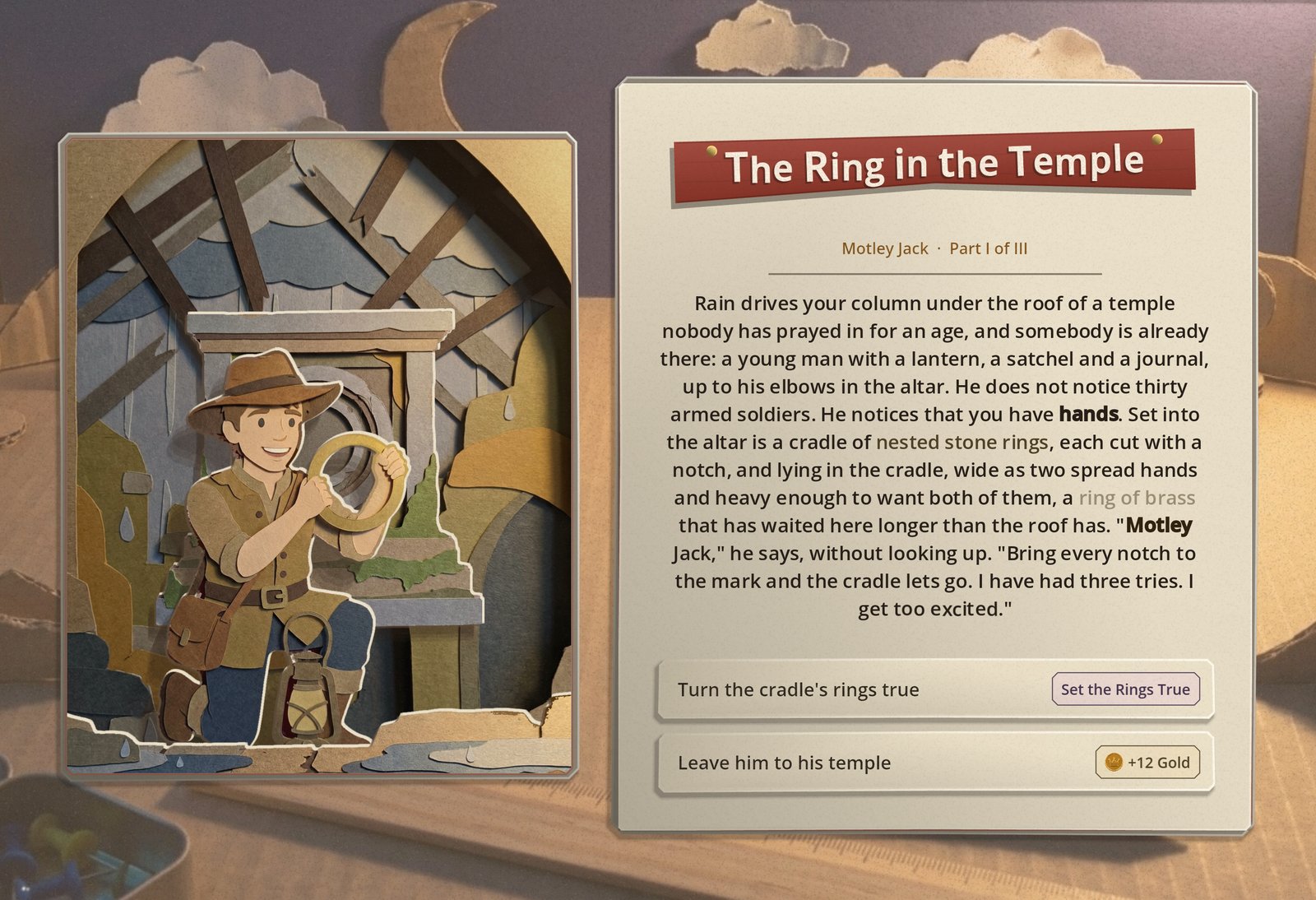 The Ring in the Temple: a pop-up spread of a young explorer in a hat, kneeling in a temple with his lantern and holding up a brass ring, rain coming through the roof beams, and the two choices on the page: turn the cradle's rings true, or leave him to his temple