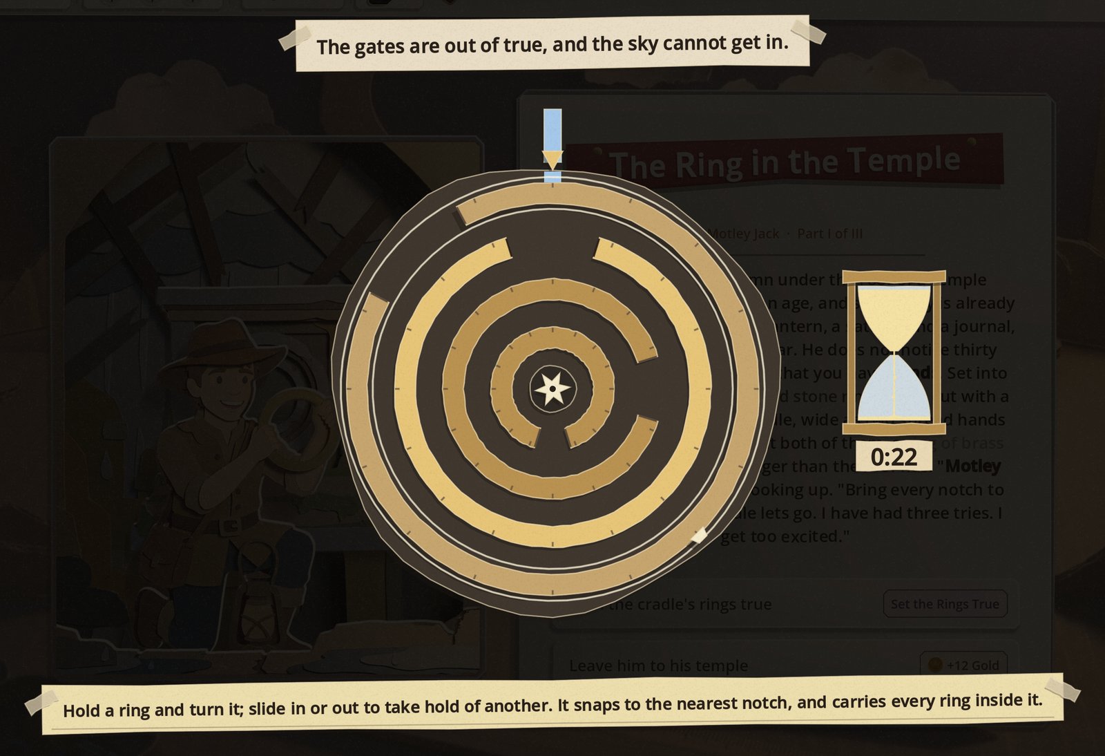 The cradle's rings: four concentric brass rings on a dark dial, each with a notch cut in it and a star at the centre, an hourglass beside it reading 0:22, and the instruction along the bottom: hold a ring and turn it, slide in or out to take hold of another
