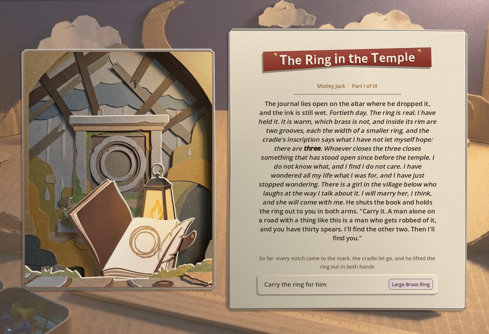 The journal page: the picture has turned to the open journal on the altar with a sketch of the ring on its page and the lantern beside it, the entry runs down the right-hand page, and one row is left, Carry the ring for him, which pays the Large Brass Ring