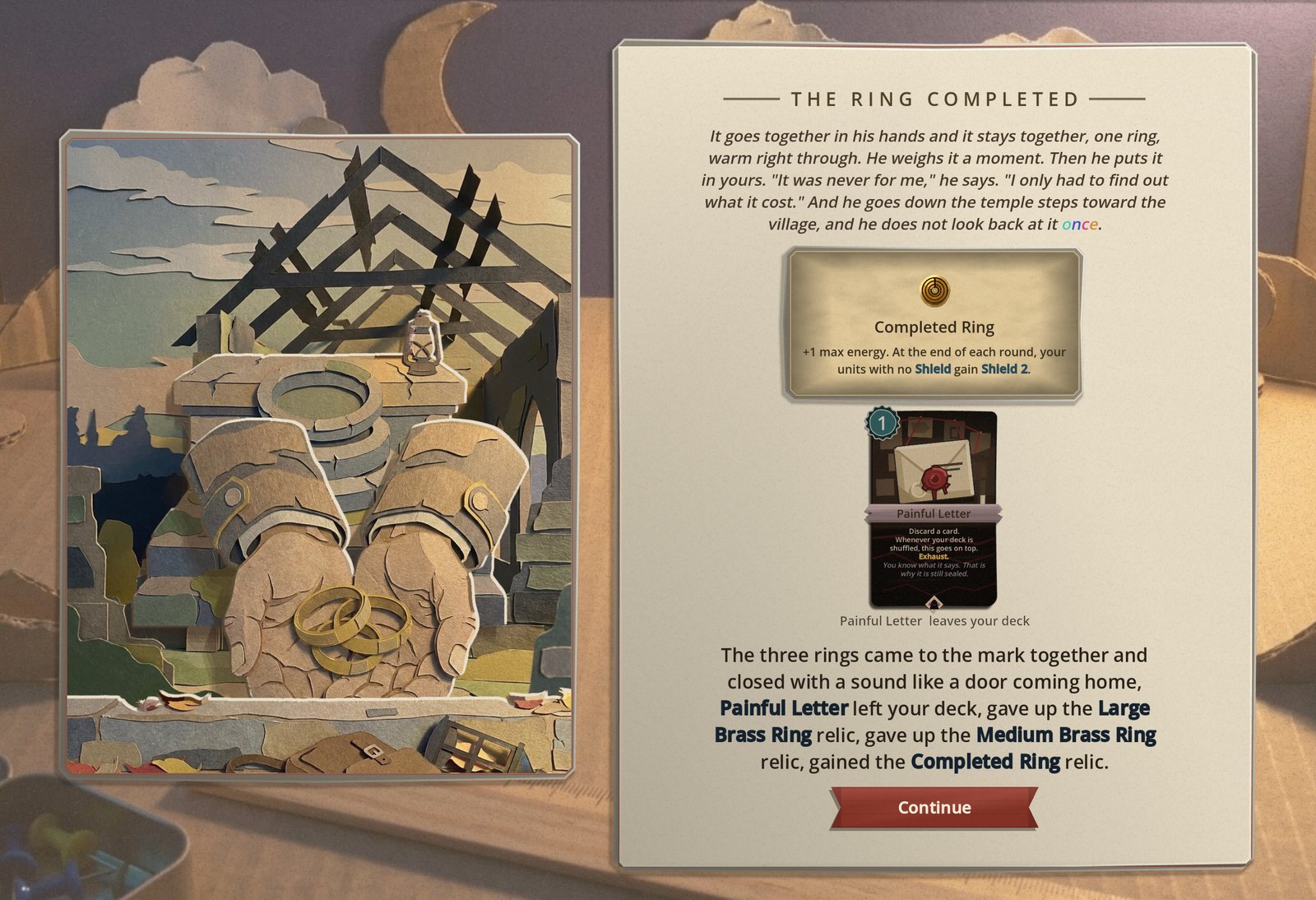 The aftermath page: two cupped hands holding three brass rings, and beside it the Completed Ring relic card, the Painful Letter card leaving your deck, and the tally of both brass rings given up