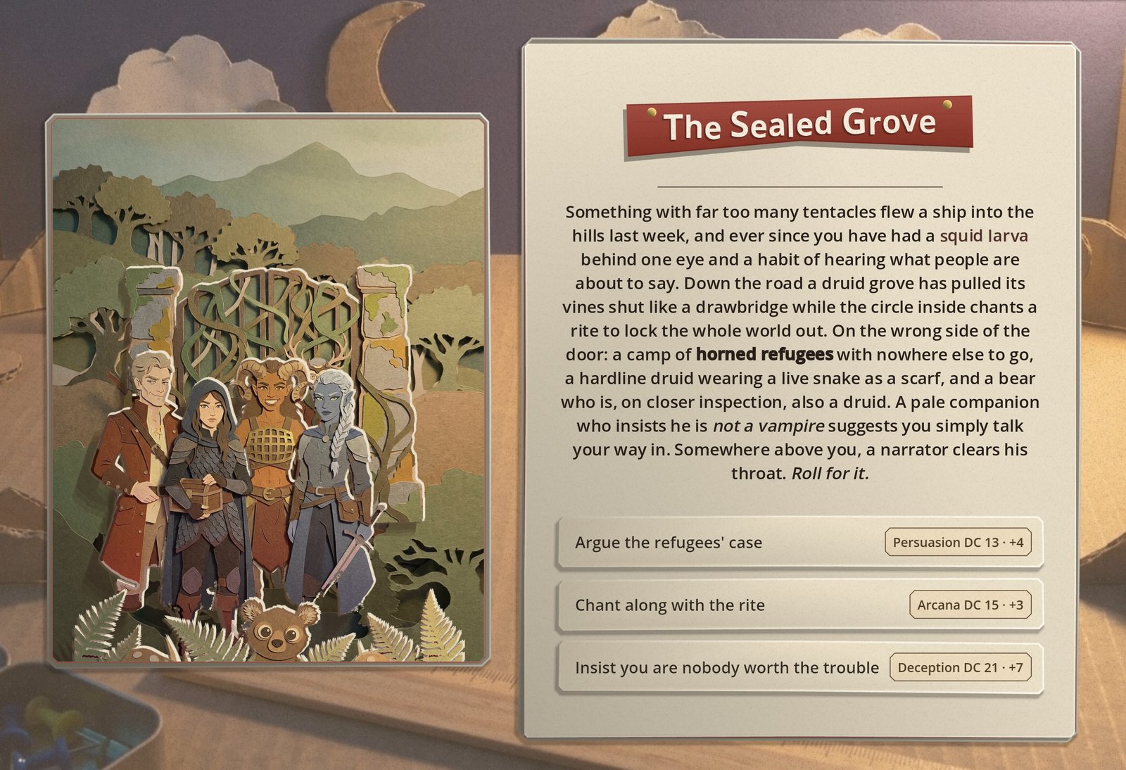 The Sealed Grove event page: a pop-up spread of a vine-sealed gate between two mossy pillars, a party of four adventurers in cut paper in front of it, a bear cub in the ferns, and three choices, each marked with a skill, a difficulty and the bonus your deck gives it