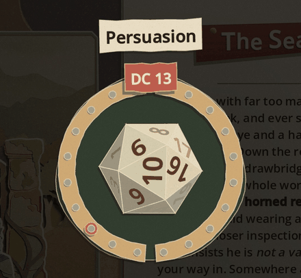 The twenty-sided paper die thrown on the dial, tumbling through the air, landing on a 20, the modifier and total cards slapping down either side of it and the verdict strip landing