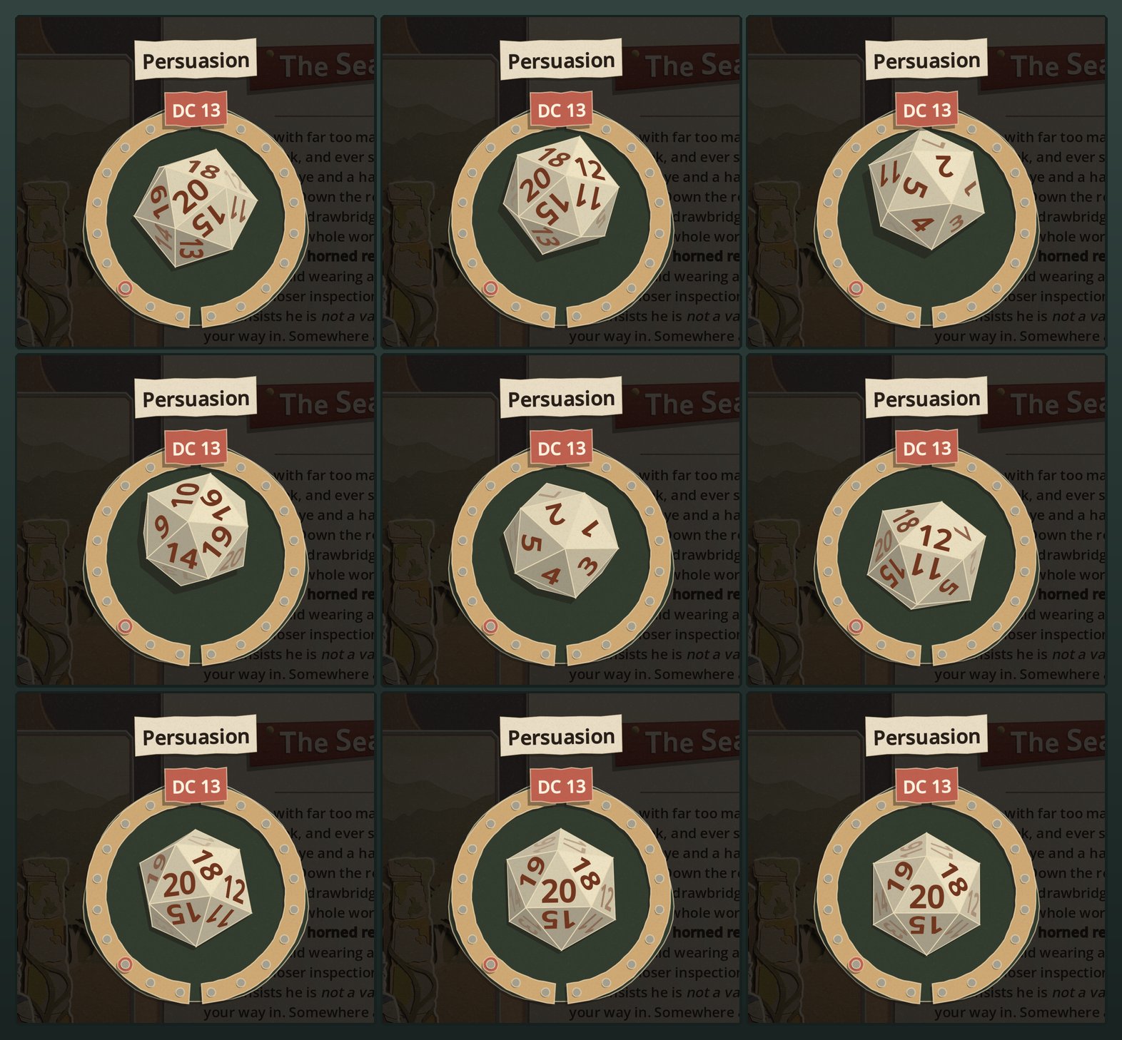 Nine frames of the twenty-sided die mid-throw, laid out in reading order: the paper icosahedron tumbling across the dial, its numbered faces catching the light from different angles, coming to rest on a 20