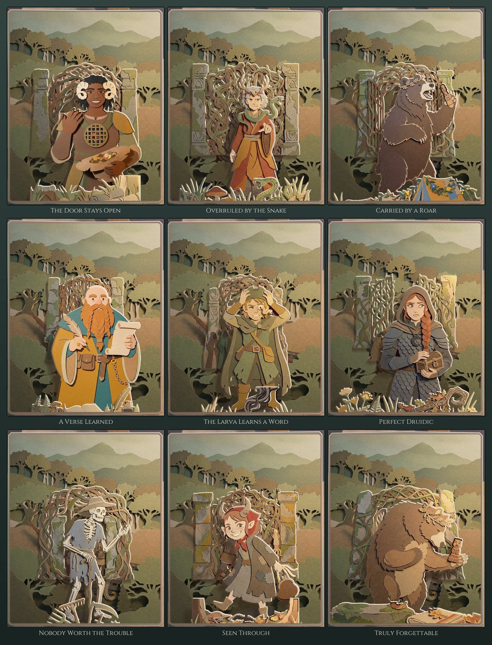 All nine endings of the Sealed Grove in a three-by-three grid, each a different cut-paper page in front of the same grove gate: a horned woman passing a hat, the snake-scarfed druid with the snake at your ankle, the bear roaring with a totem in its paw, a bearded wizard writing a verse down, a hooded rogue clutching his head, the hooded cleric with her locked box, a skeleton in a straw hat with a rake, a horned girl running off with a purse, and the bear holding out an idol