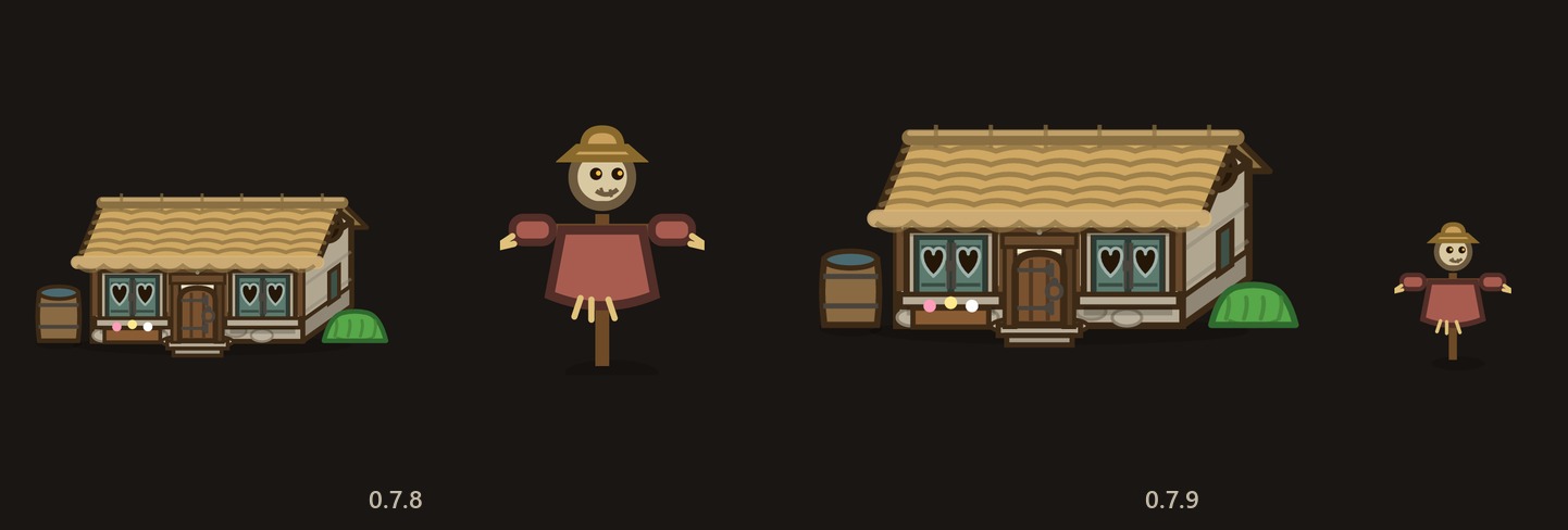 Two scarecrows next to the same cottage. On the left the old one, taller than the roof. On the right the new one, a small figure standing about two fifths the height of the house