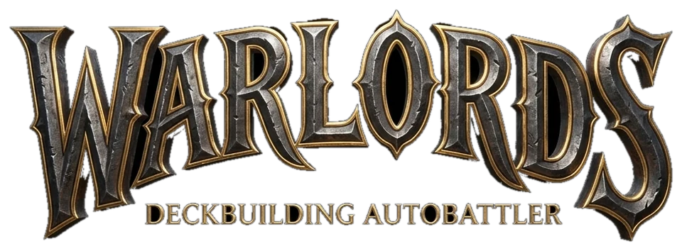 The Warlords logo: engraved steel letters with a gold bevel over the subtitle Deckbuilding Autobattler.